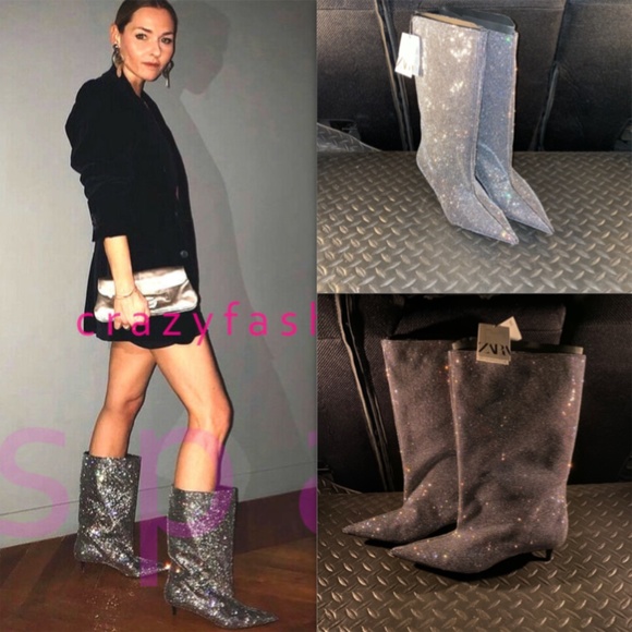 💎 Zara Heeled Sparkly Boots "Silver" NWT 💎 - Picture 3 of 17
